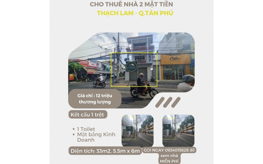 Cho thuê nhà 2 mặt tiền Thạch Lam 33m2, 12Triệu,  đối diện trường học